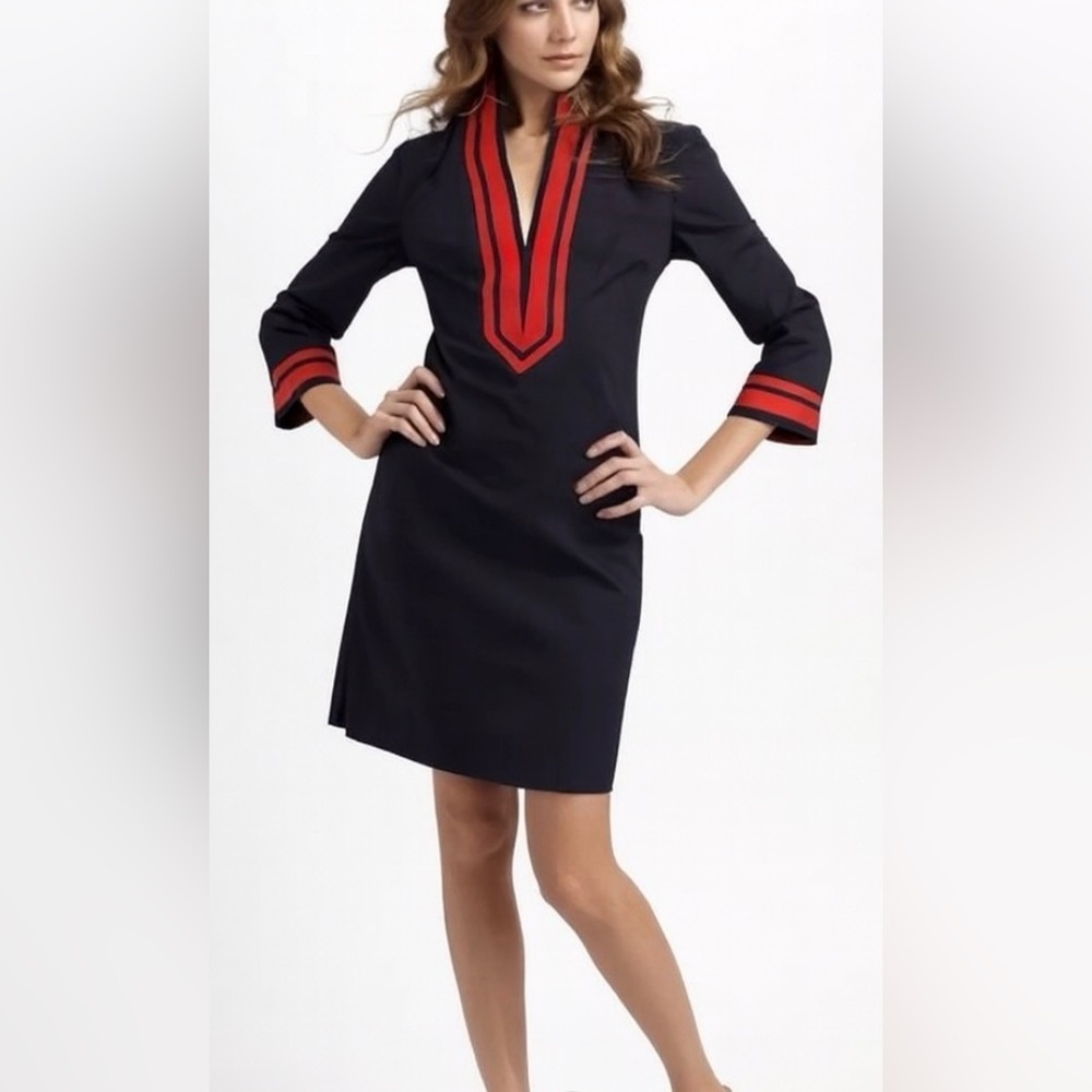 Tory Burch Deep Navy Blue Lightweight Split V Neck Red Detail Tunic Cover Dress